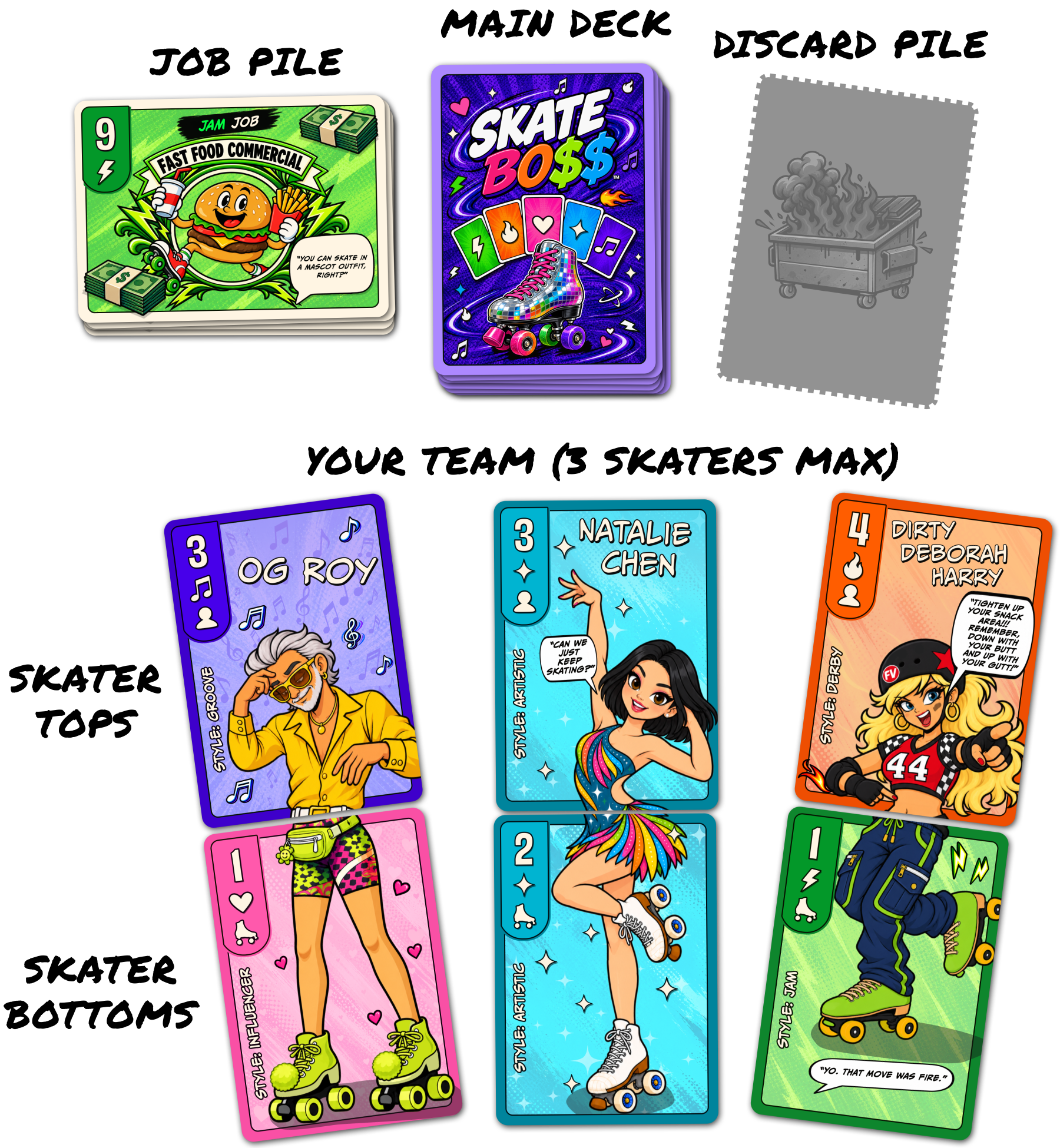 Example skaters built from matching Top and Bottom cards